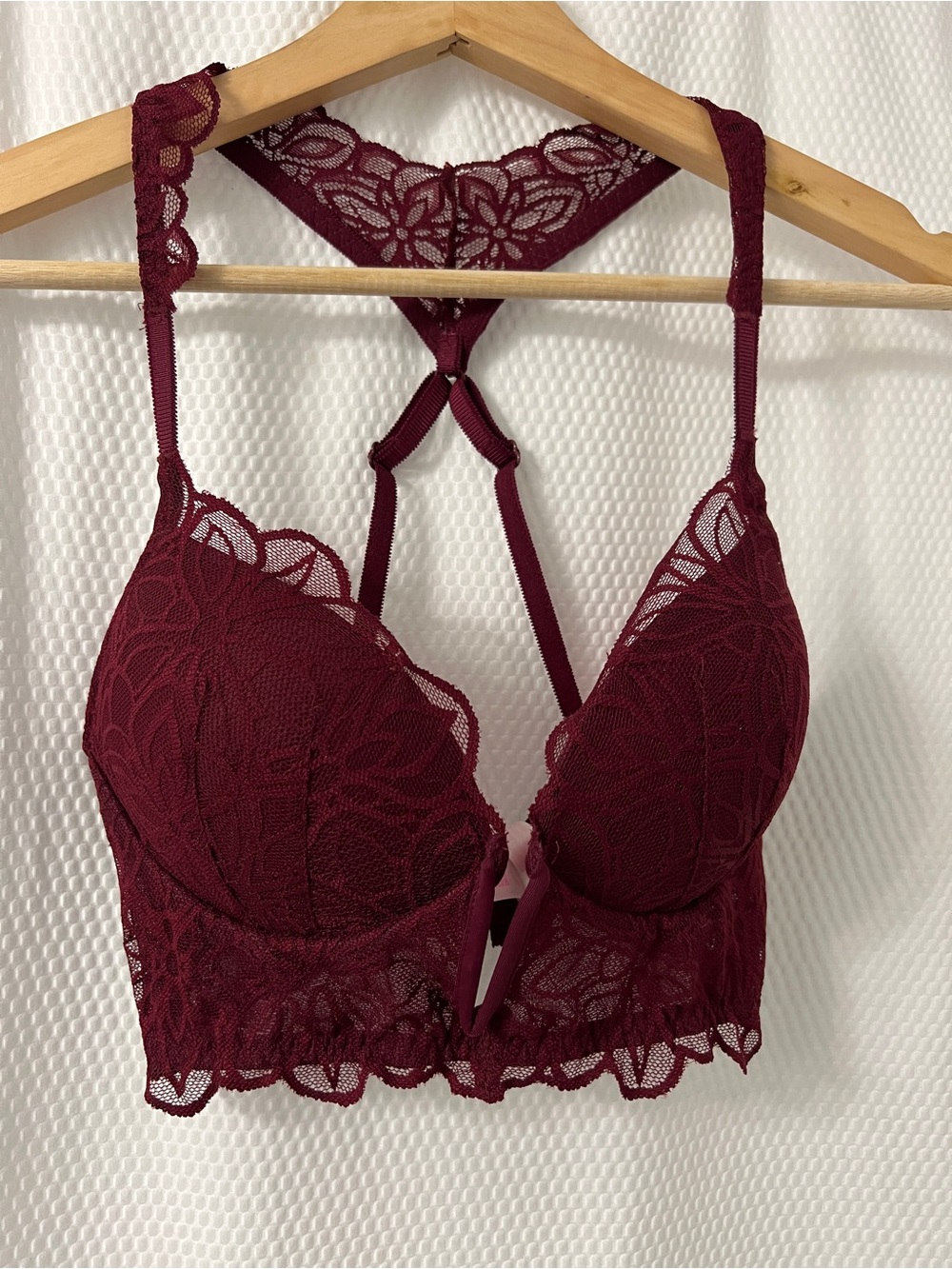 PINK Victoria's Secret Lace Longline Bralette in Wine -Small with plunging front
